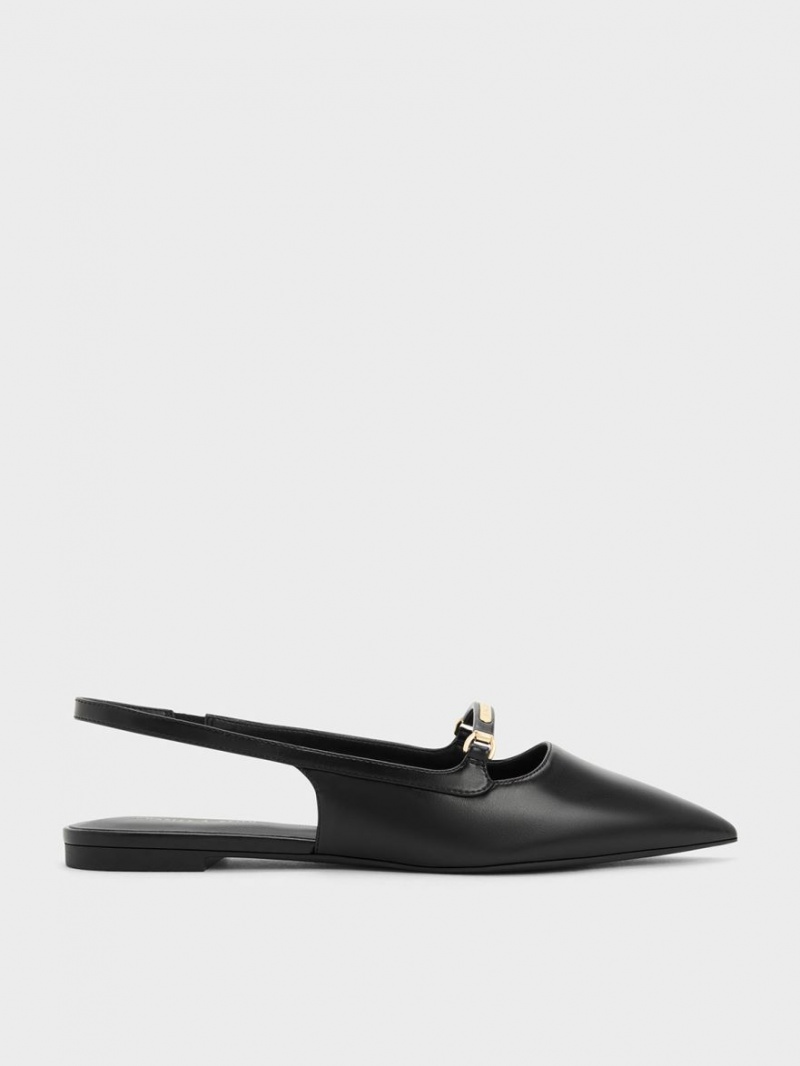 Charles & Keith Metallic Bar Accent Slingback Flache Schuhe Schwarz | 756KWMFRA