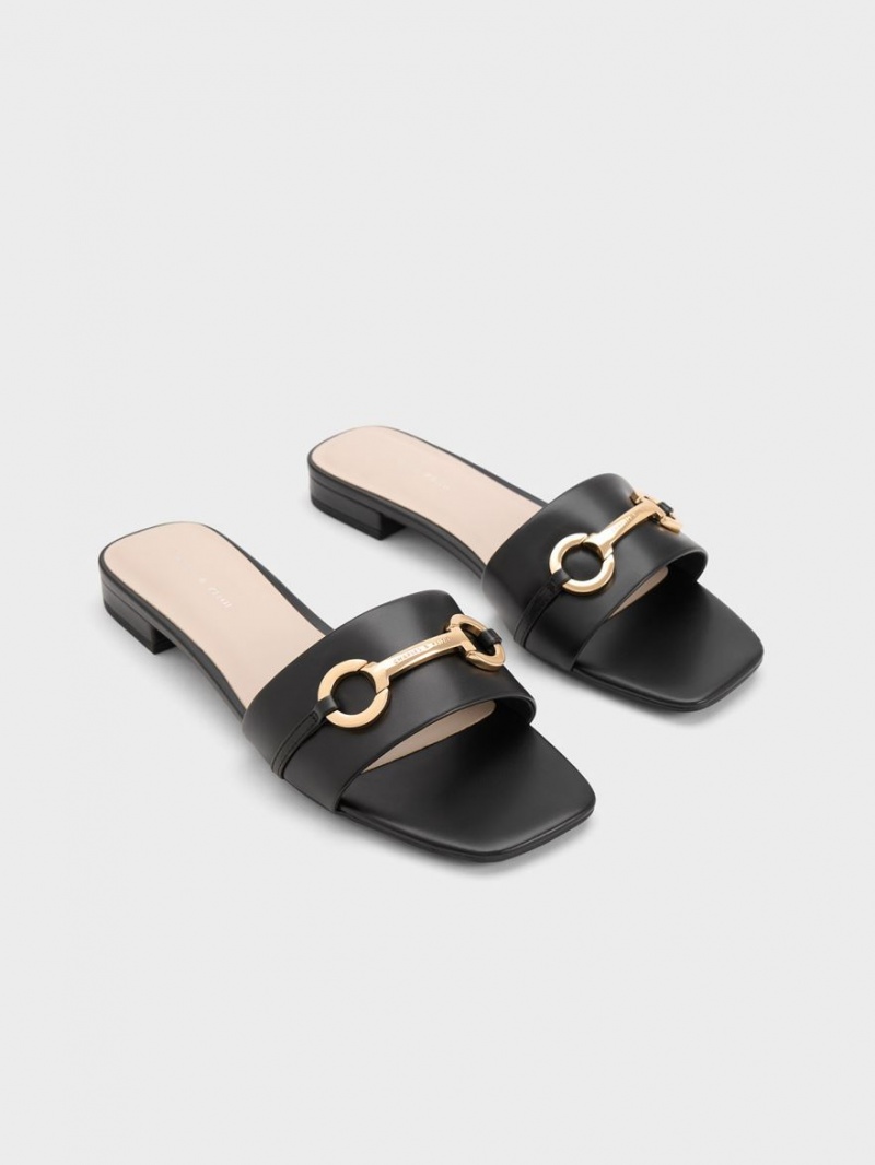 Charles & Keith Metallic Bar Rutschen Sie Sandalen Schwarz | 301KIVYOF