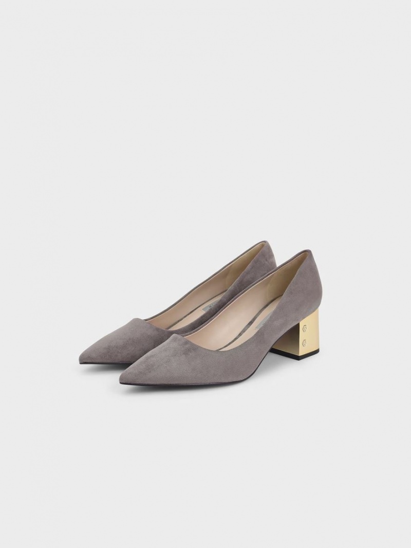 Charles & Keith Metallic Block Heel Textured Pumps Grau | 860GZVLSN