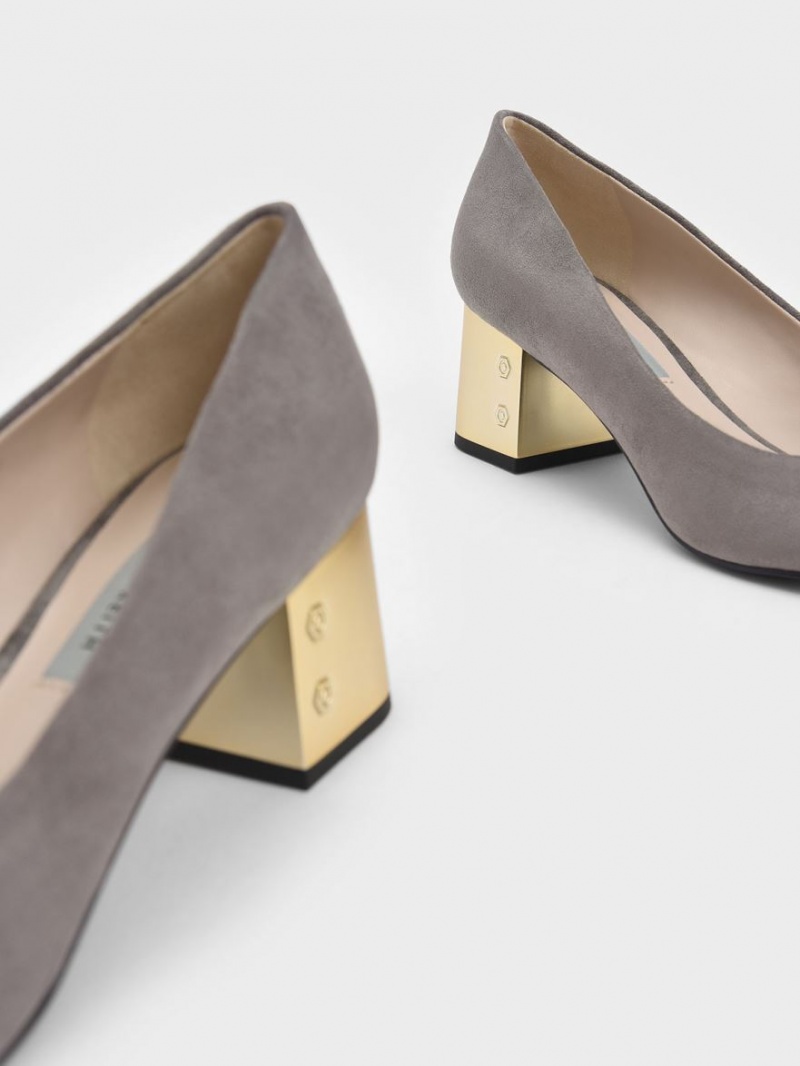 Charles & Keith Metallic Block Heel Textured Pumps Grau | 860GZVLSN