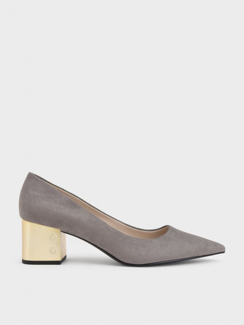 Charles & Keith Metallic Block Heel Textured Pumps Grau | 860GZVLSN