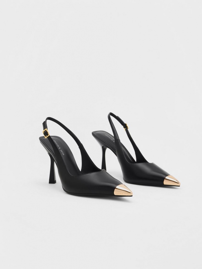 Charles & Keith Metallic Cap Pointed-Kappe Slingback Pumps Schwarz | 986ZRCSPJ