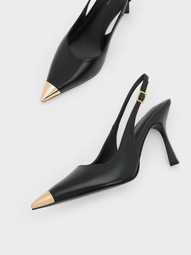 Charles & Keith Metallic Cap Pointed-Kappe Slingback Pumps Schwarz | 986ZRCSPJ