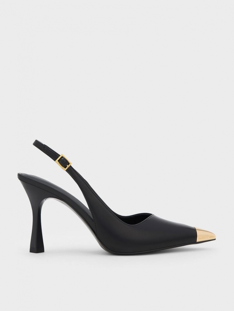 Charles & Keith Metallic Cap Pointed-Kappe Slingback Pumps Schwarz | 986ZRCSPJ