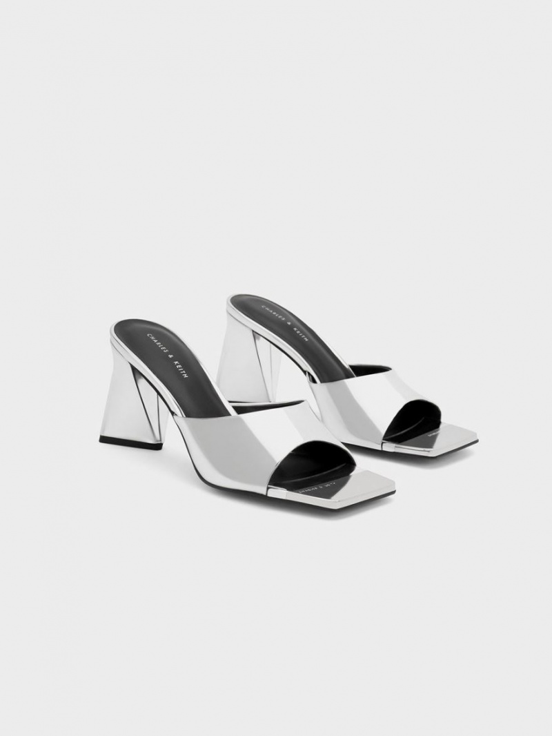 Charles & Keith Metallic Cap Sculptural Heel Mules Silber | 165MCXEQH