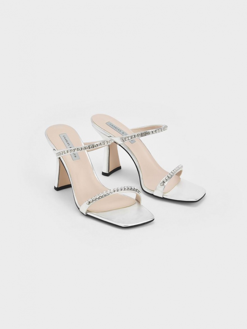 Charles & Keith Metallic Gem-Encrusted Sandalen Absatz Silber | 349PIQZBA