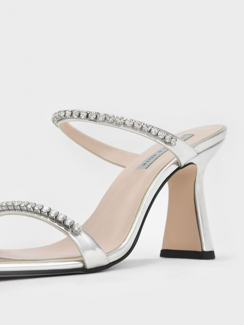 Charles & Keith Metallic Gem-Encrusted Sandalen Absatz Silber | 349PIQZBA