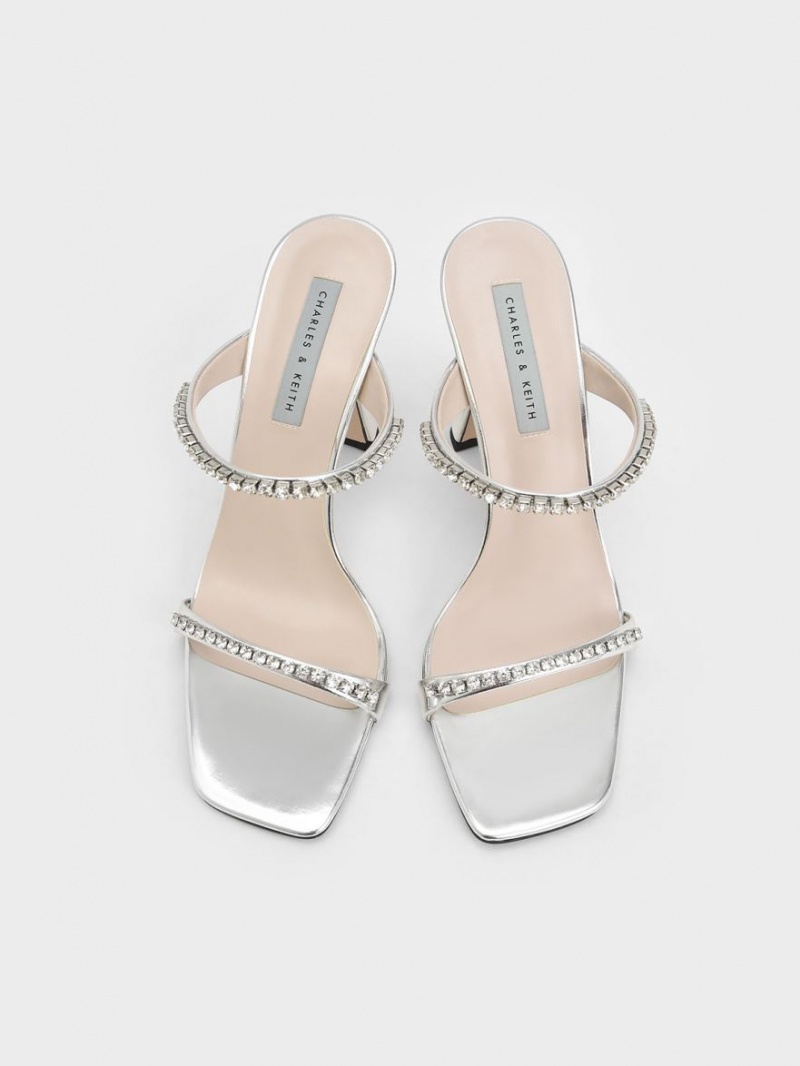 Charles & Keith Metallic Gem-Encrusted Sandalen Absatz Silber | 349PIQZBA