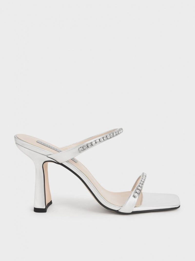 Charles & Keith Metallic Gem-Encrusted Sandalen Absatz Silber | 349PIQZBA