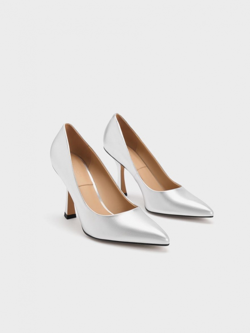 Charles & Keith Metallic Leder Flare Heel Pumps Silber | 849JXRWEF