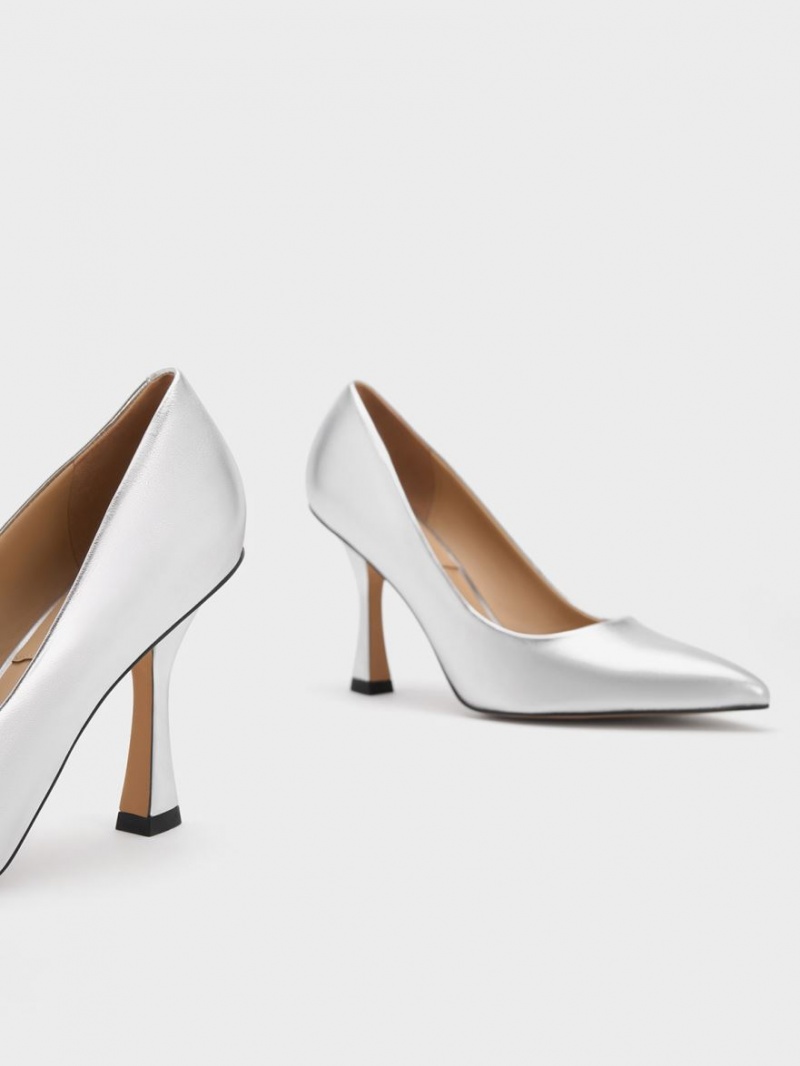 Charles & Keith Metallic Leder Flare Heel Pumps Silber | 849JXRWEF