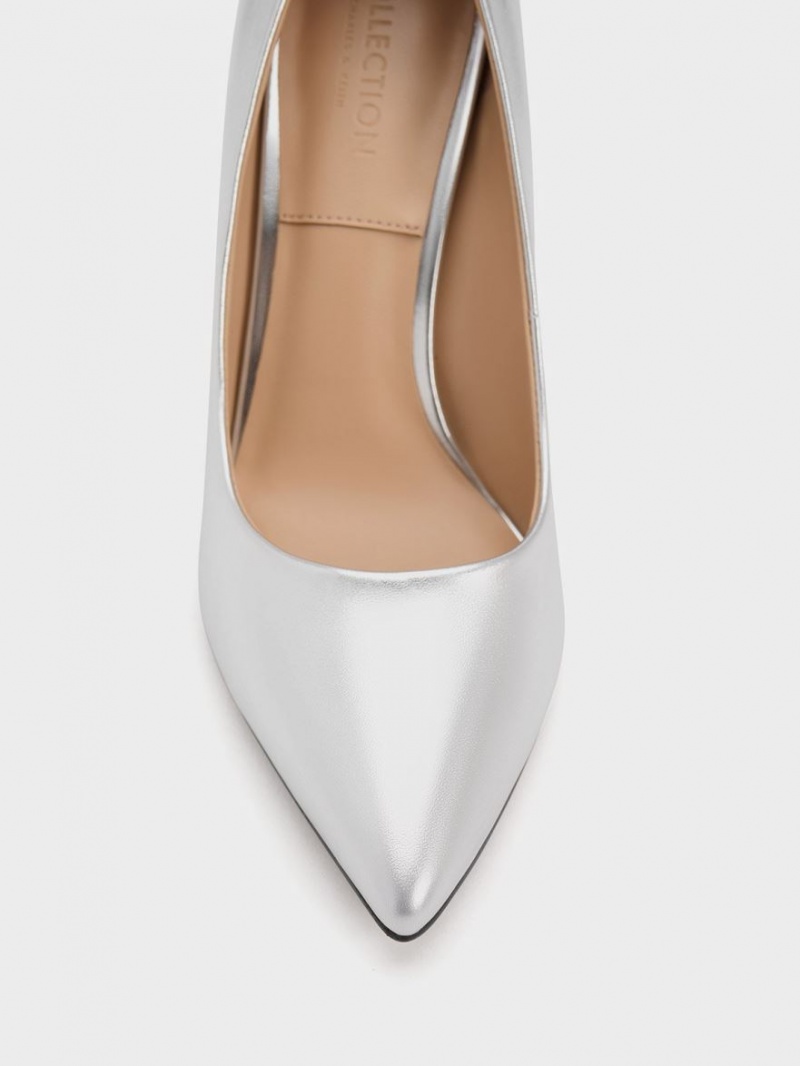 Charles & Keith Metallic Leder Flare Heel Pumps Silber | 849JXRWEF