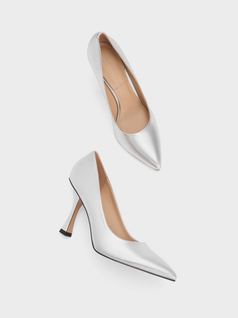 Charles & Keith Metallic Leder Flare Heel Pumps Silber | 849JXRWEF