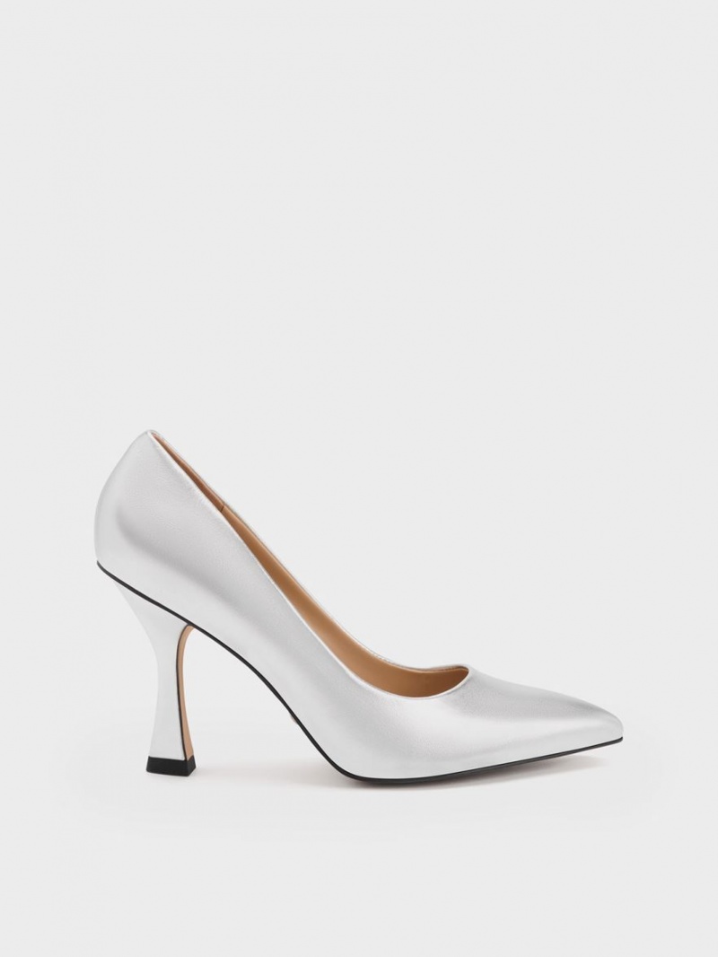 Charles & Keith Metallic Leder Flare Heel Pumps Silber | 849JXRWEF