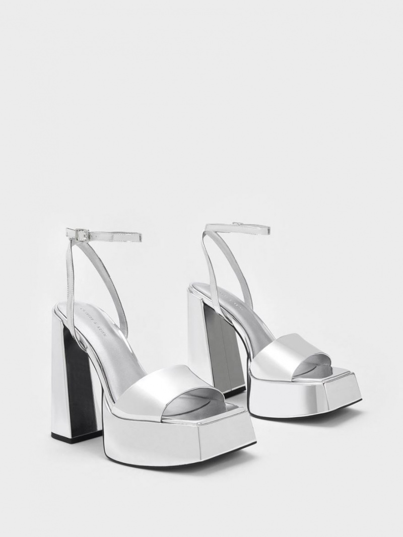 Charles & Keith Metallic Plattform Ankle Riemchensandalen Silber | 715YUXZJI