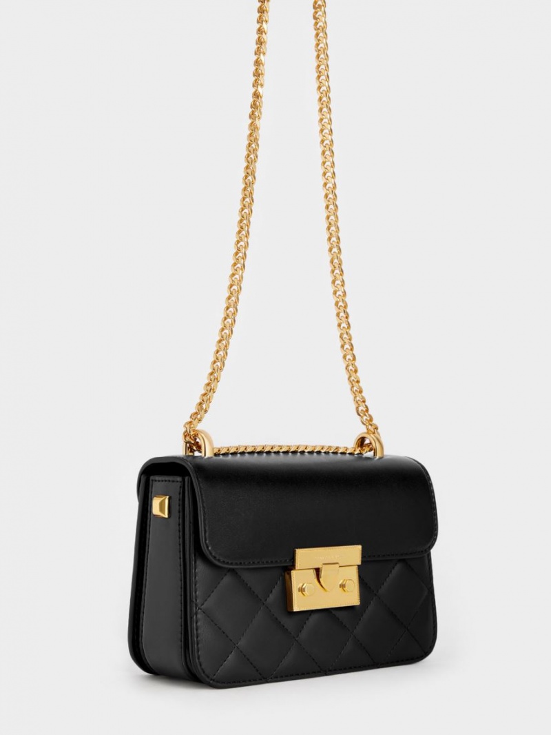 Charles & Keith Metallic Push-Lock Chain Crossbody Taschen Schwarz | 238CPUDNM