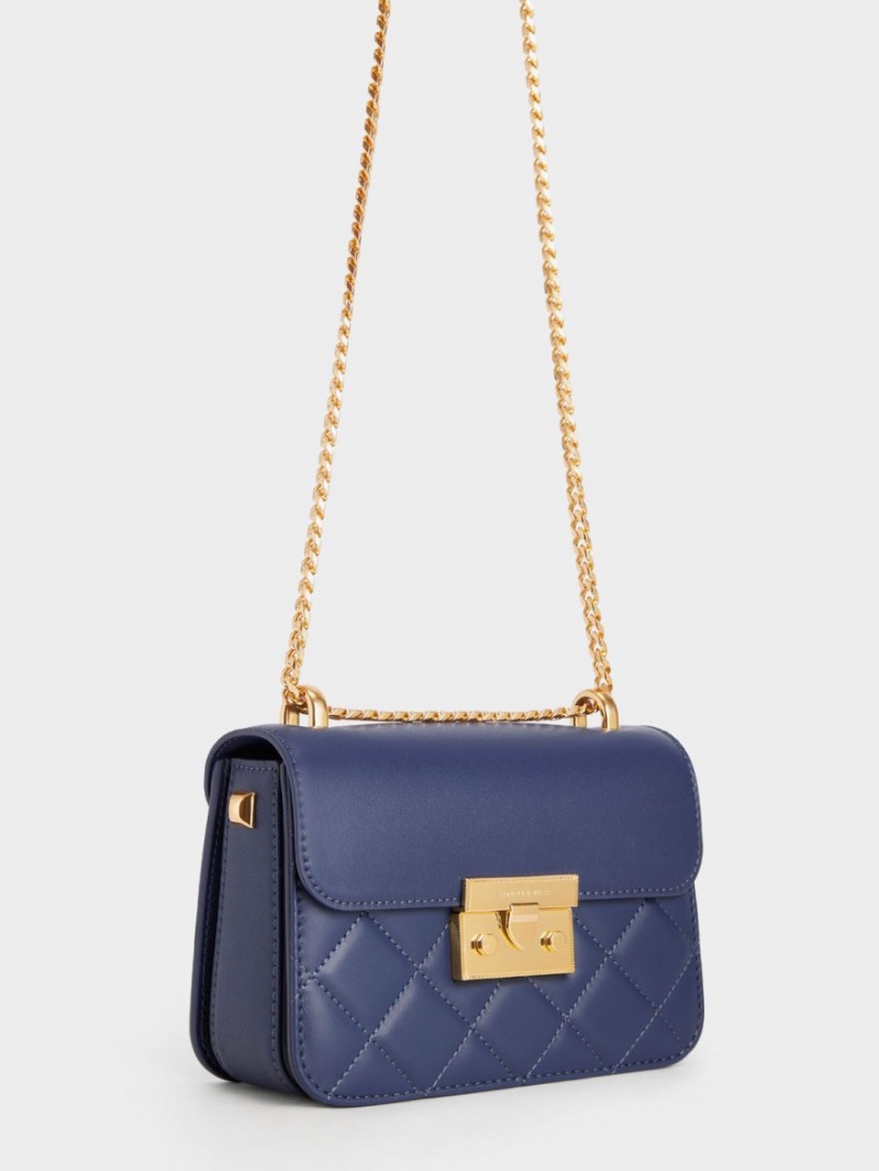 Charles & Keith Metallic Push-Lock Chain Schultertaschen Navy | 780SROEBX