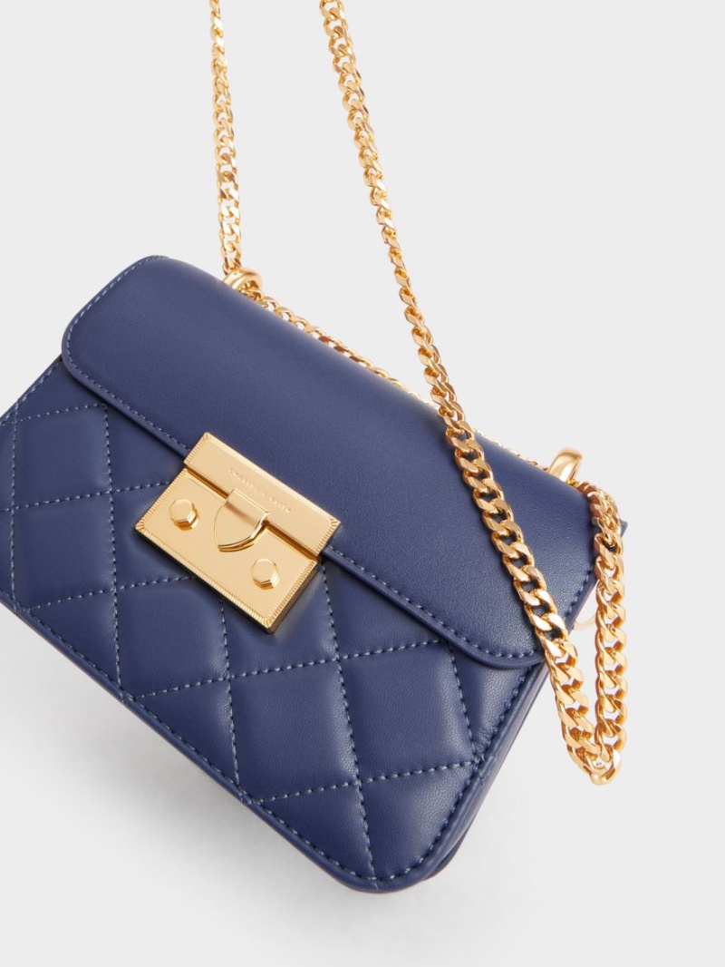 Charles & Keith Metallic Push-Lock Chain Schultertaschen Navy | 780SROEBX