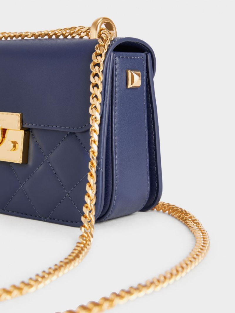 Charles & Keith Metallic Push-Lock Chain Schultertaschen Navy | 780SROEBX