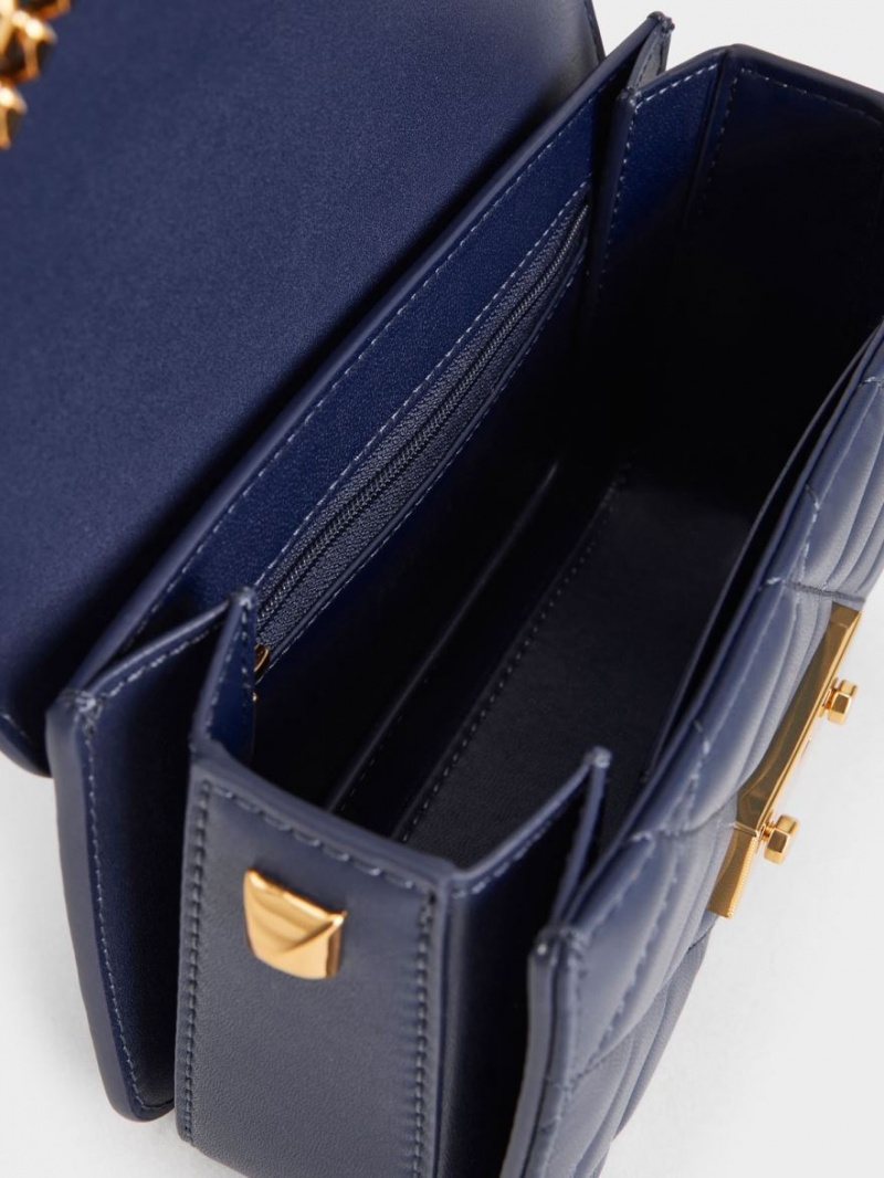 Charles & Keith Metallic Push-Lock Chain Schultertaschen Navy | 780SROEBX