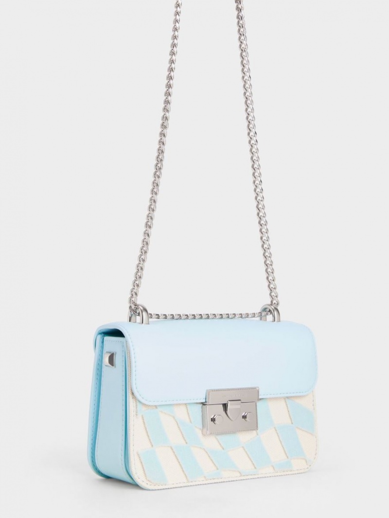 Charles & Keith Metallic Push-Lock Checkered Chain Crossbody Taschen Hellblau | 162CILOVH