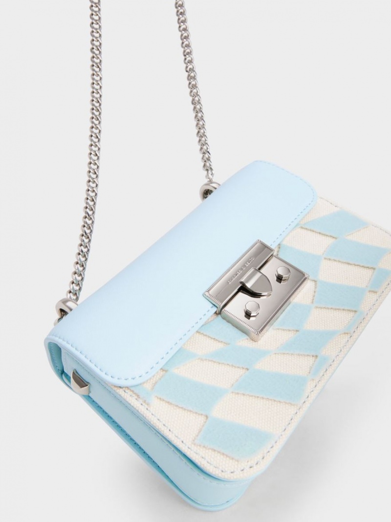 Charles & Keith Metallic Push-Lock Checkered Chain Crossbody Taschen Hellblau | 162CILOVH