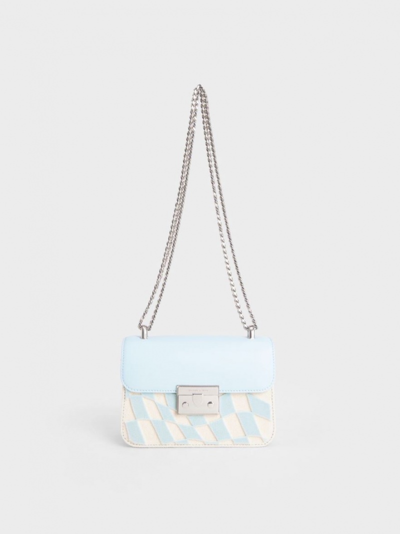 Charles & Keith Metallic Push-Lock Checkered Chain Crossbody Taschen Hellblau | 162CILOVH