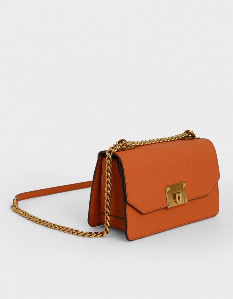 Charles & Keith Metallic Push-Lock Crossbody Taschen Orange | 354PCVRLM