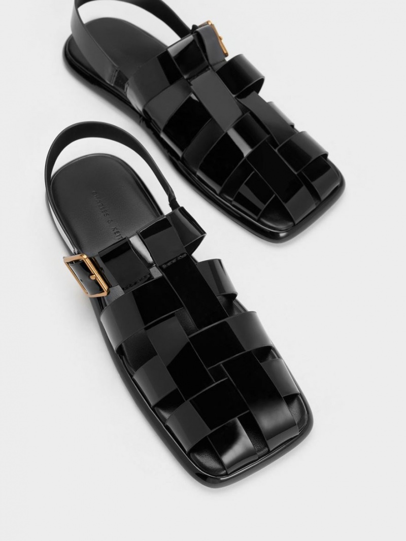 Charles & Keith Metallic Schnallen Caged Lack Slingback Sandalen Flach Schwarz | 710ATOXRF