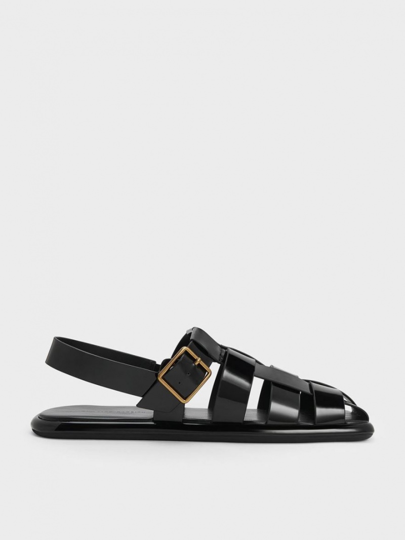 Charles & Keith Metallic Schnallen Caged Lack Slingback Sandalen Flach Schwarz | 710ATOXRF