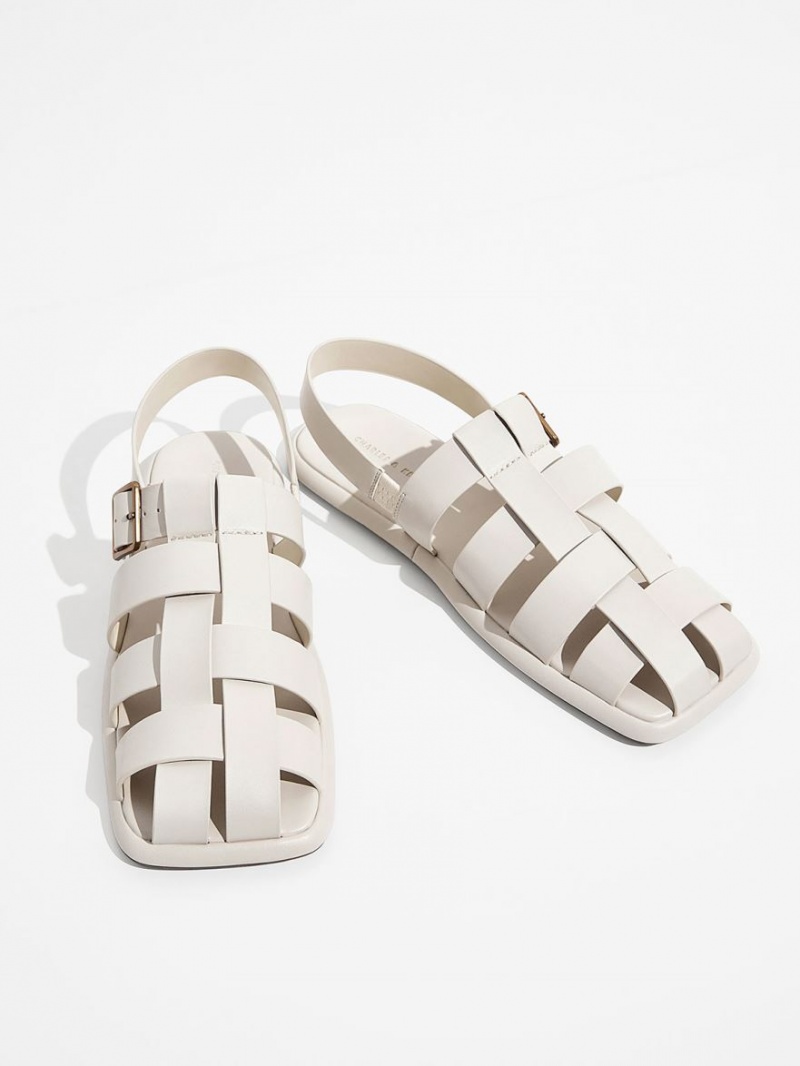 Charles & Keith Metallic Schnallen Caged Slingback Sandalen Flach Weiß | 043ZTEOVR