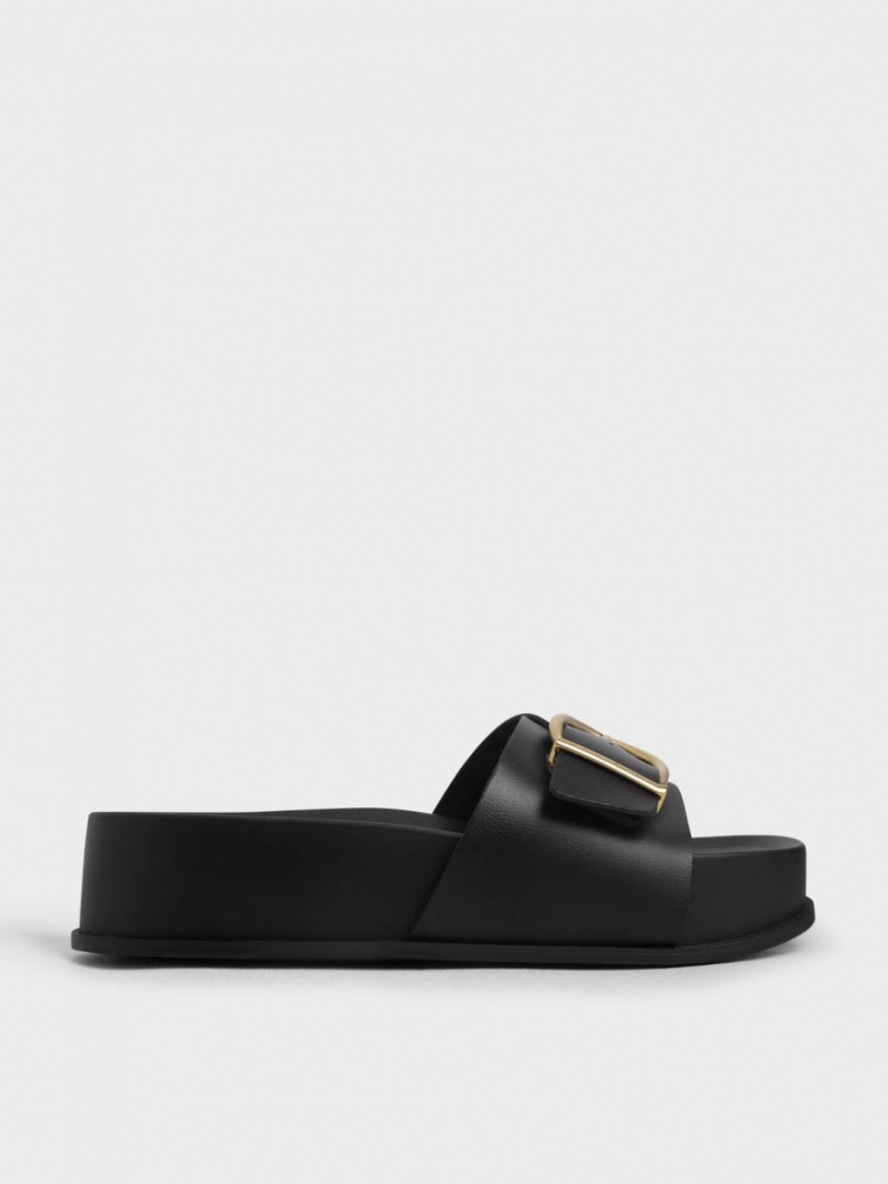 Charles & Keith Metallic Schnallen Plateausandalen Schwarz | 012VXHBNK