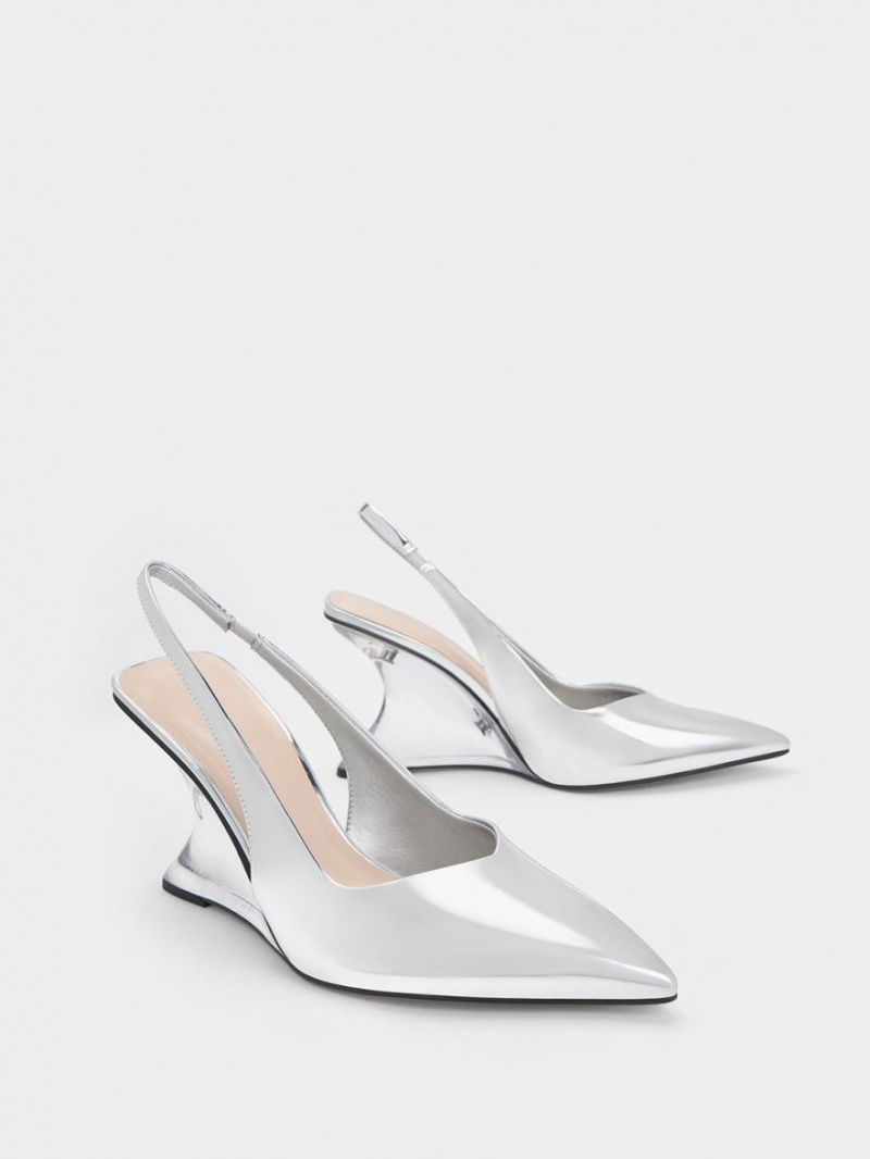 Charles & Keith Metallic Sculptural Slingback Keilabsatz Silber | 624PBYFZI