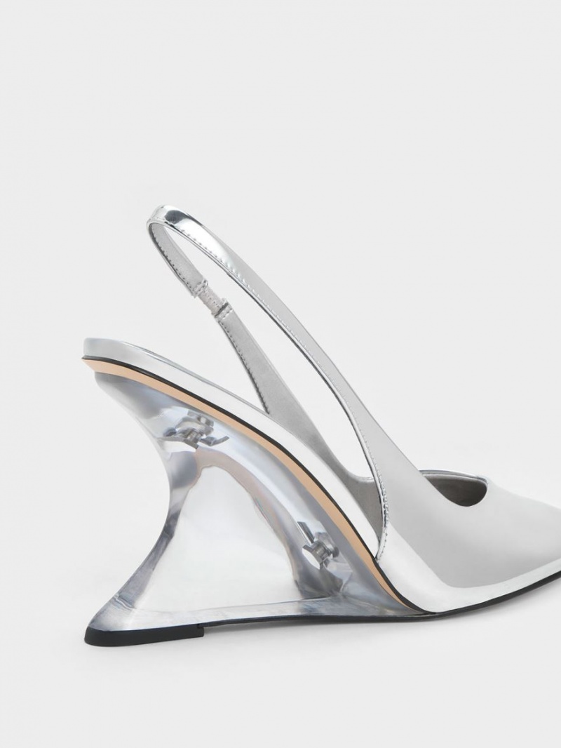 Charles & Keith Metallic Sculptural Slingback Keilabsatz Silber | 624PBYFZI