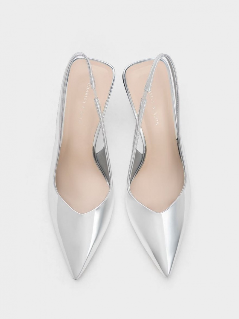 Charles & Keith Metallic Sculptural Slingback Keilabsatz Silber | 624PBYFZI