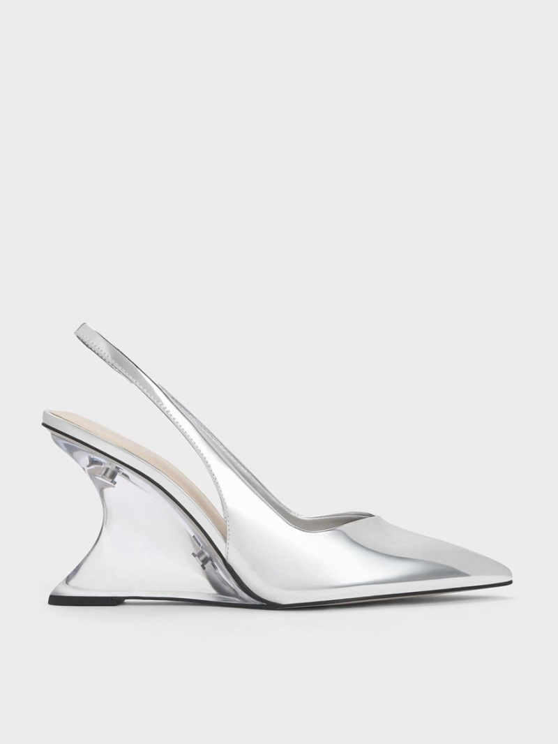 Charles & Keith Metallic Sculptural Slingback Keilabsatz Silber | 624PBYFZI