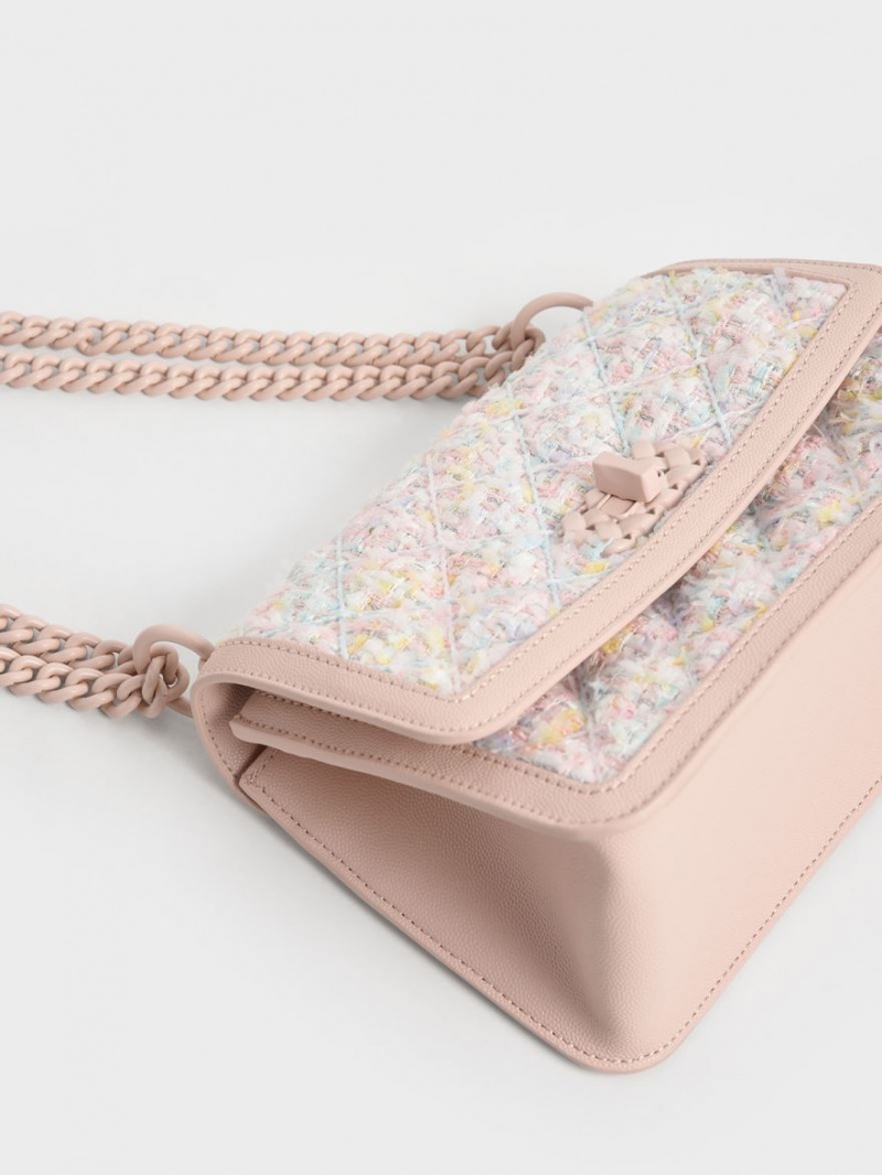 Charles & Keith Micaela Tweed Gesteppt Chain Crossbody Taschen Hellrosa | 018UGRNCM