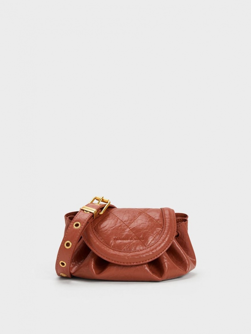 Charles & Keith Mini Blossom Curved Flap Gesteppt Crossbody Taschen Dunkelrot | 835KUPTYA