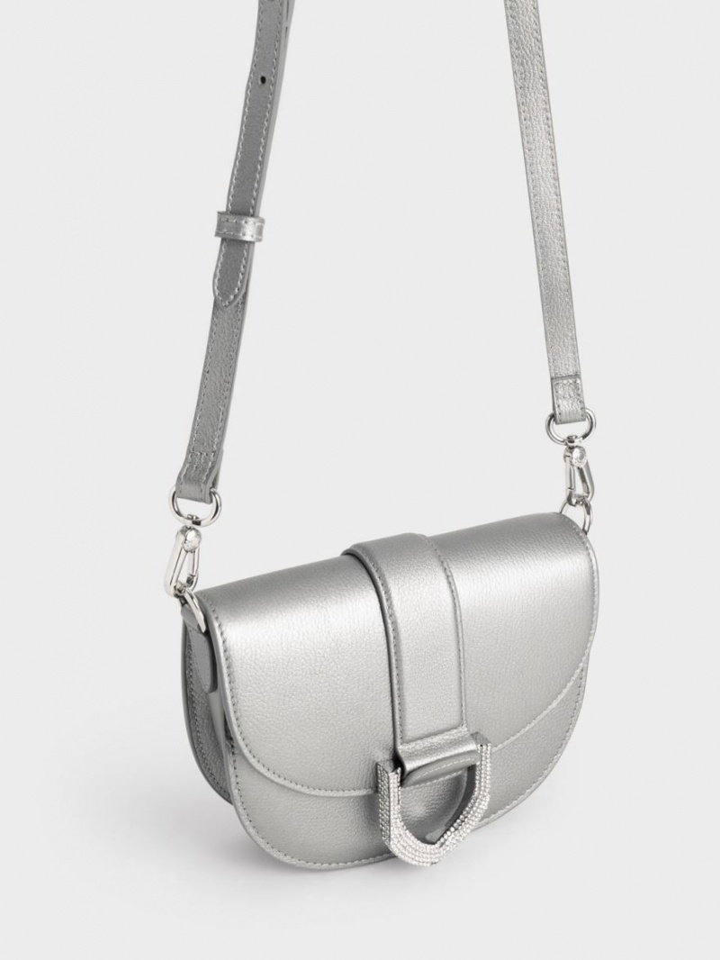 Charles & Keith Mini Gabine Leder Satteltaschen Silber | 658KUFVJH