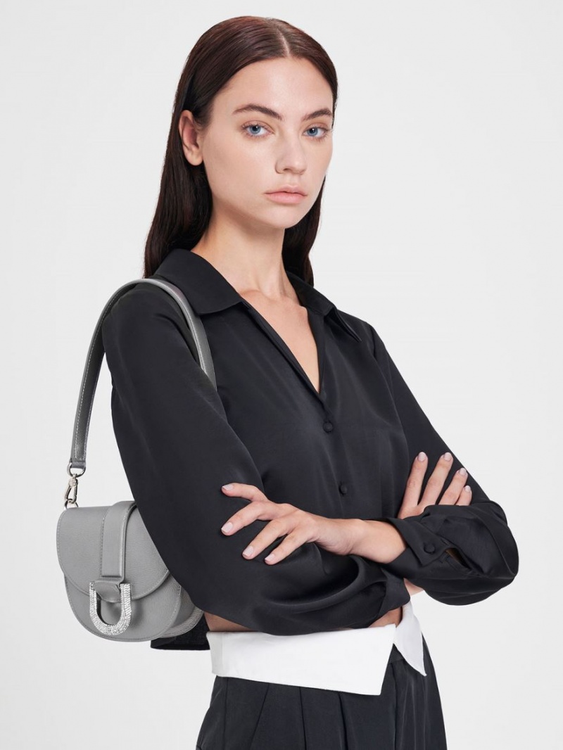 Charles & Keith Mini Gabine Leder Satteltaschen Silber | 658KUFVJH