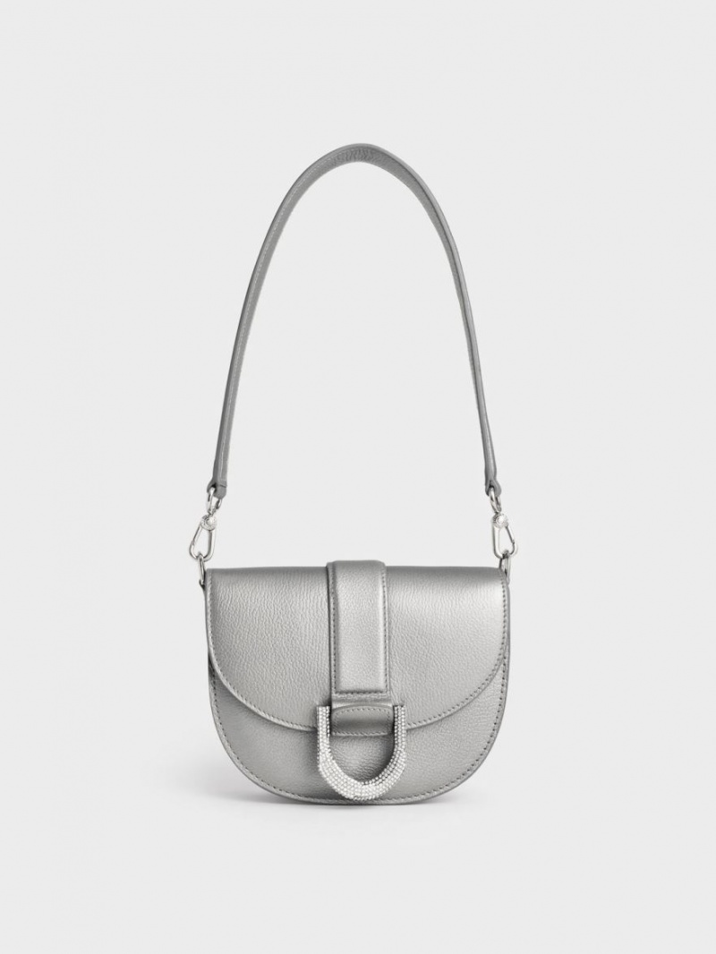 Charles & Keith Mini Gabine Leder Satteltaschen Silber | 658KUFVJH