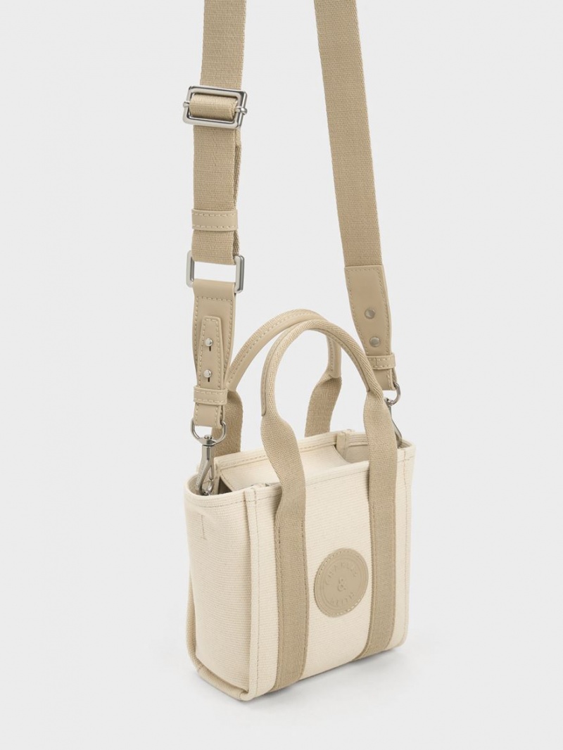 Charles & Keith Mini Kay Canvas Contrast-Trim Tragetaschen Beige | 710ZVUYOG