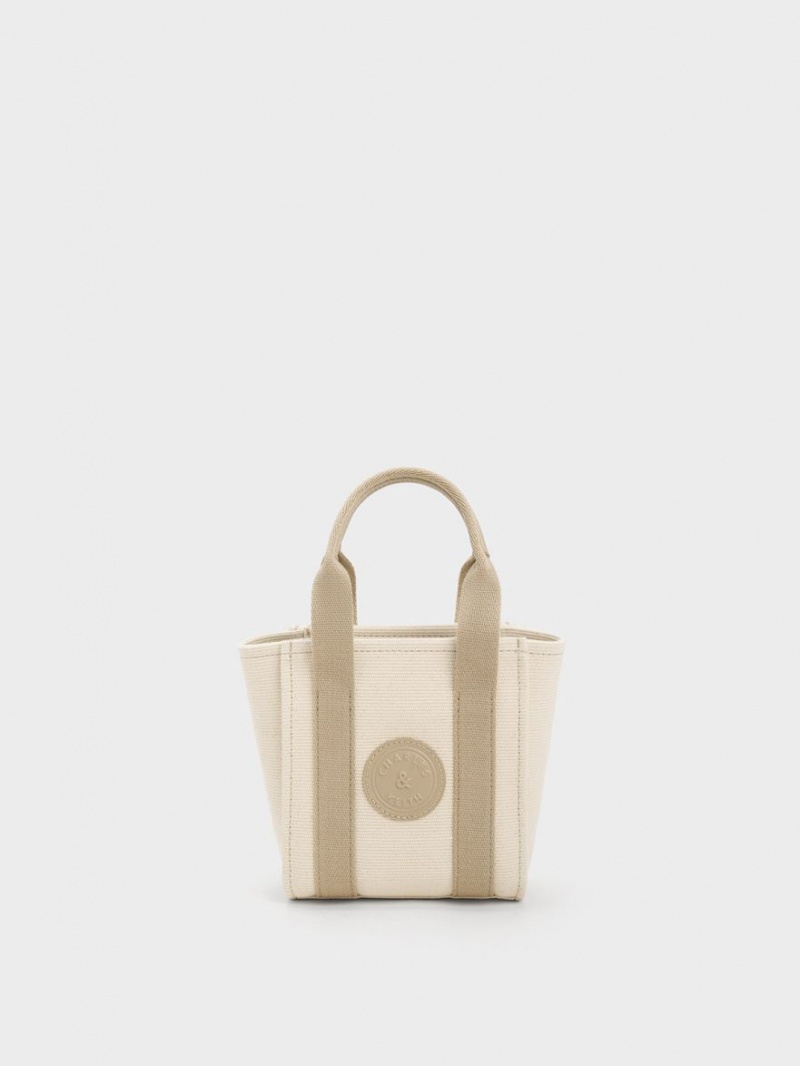 Charles & Keith Mini Kay Canvas Contrast-Trim Tragetaschen Beige | 710ZVUYOG