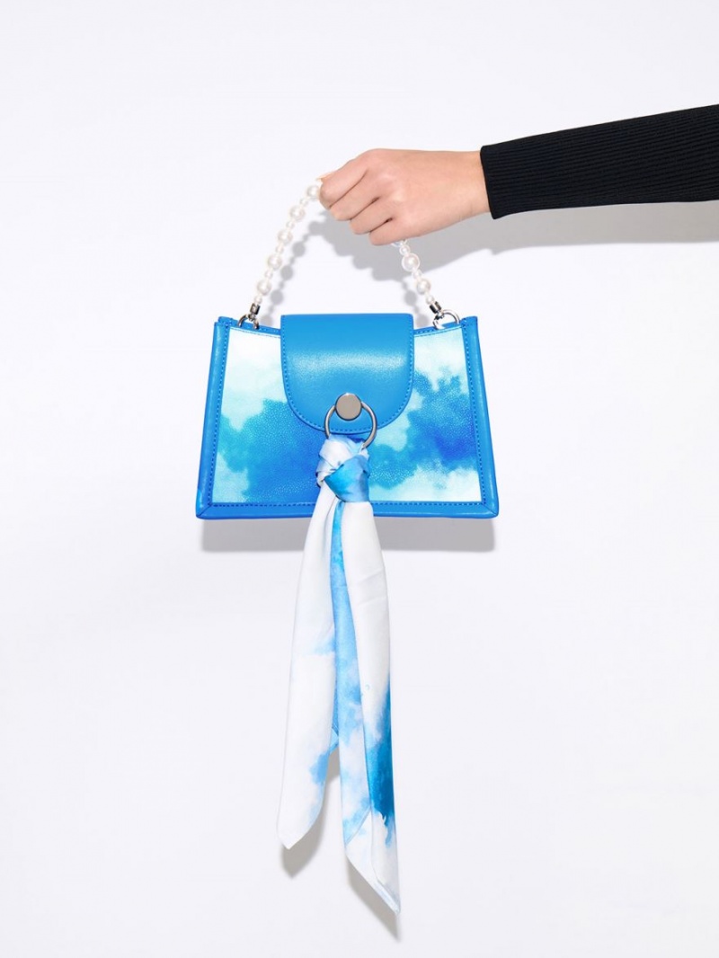 Charles & Keith Mini Roza Beaded Handle Scarf Cloud-Print Crossbody Taschen Blau | 194GMESQT