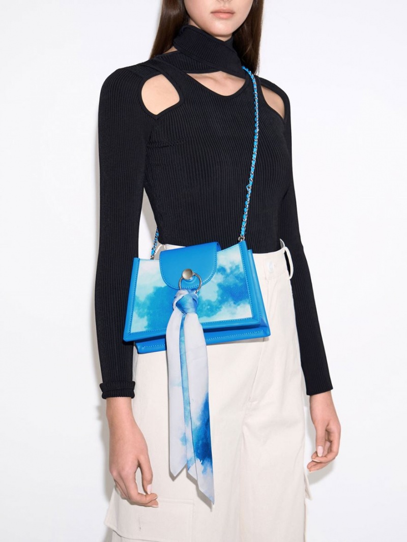 Charles & Keith Mini Roza Beaded Handle Scarf Cloud-Print Crossbody Taschen Blau | 194GMESQT