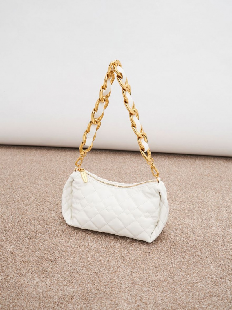 Charles & Keith Nezu Chain Handle Gesteppt Hobo Tasche Weiß | 406HFAQUX