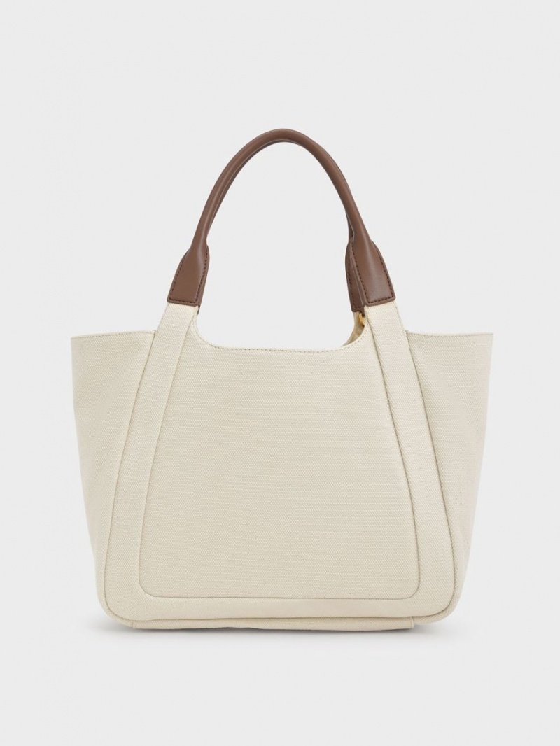 Charles & Keith Nova Two-Tone Large Canvas Tragetaschen Weiß | 693UKVTNB