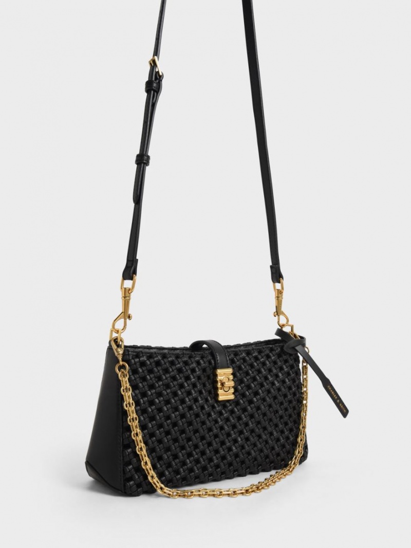 Charles & Keith Nova Woven Chain-Handle Schultertaschen Schwarz | 312AHBRPL