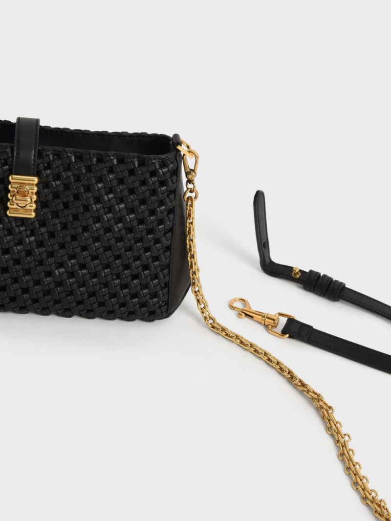 Charles & Keith Nova Woven Chain-Handle Schultertaschen Schwarz | 312AHBRPL