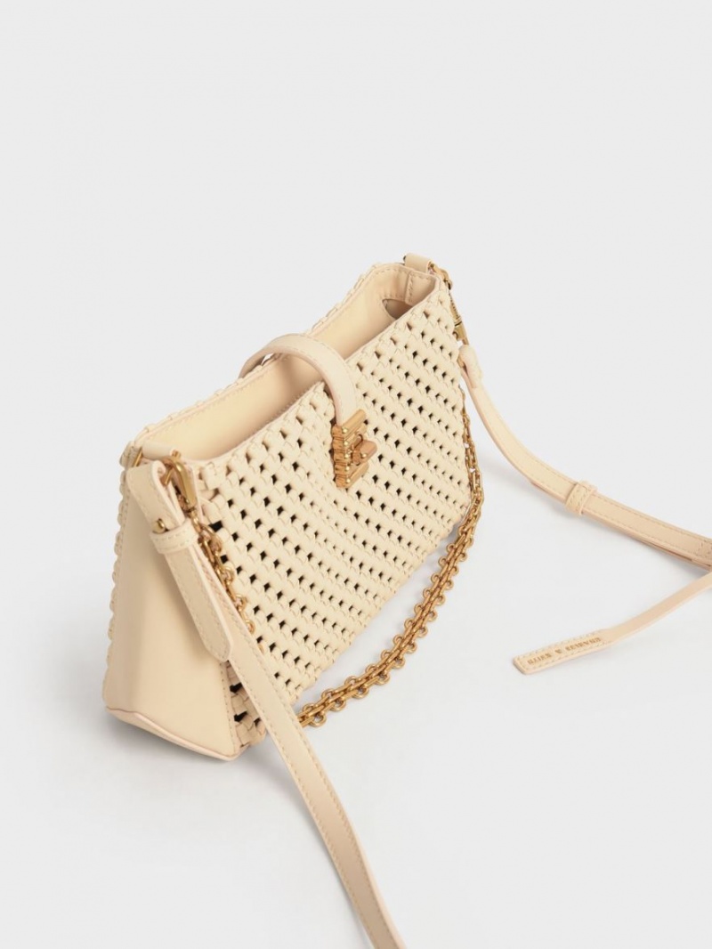 Charles & Keith Nova Woven Chain-Handle Schultertaschen Beige | 168YUQZJB